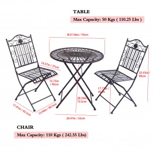 3 Pieces Outdoor Bistro Set Metal Folding Table and 2 Foldable Chairs