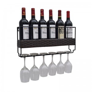 Wall Mounted 6 Wine Rack with 6 Wine Glass holder Metal & Wicker Wonven