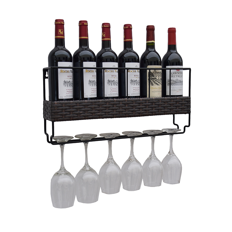 Wall Mounted 6 Wine Rack na may 6 Wine Glass Holder Metal at Wicker Woven