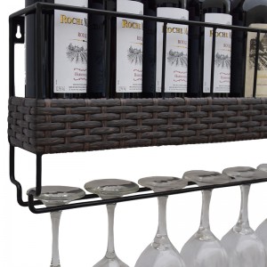 Wall Mounted 6 Wine Rack with 6 Wine Glass Holder Metal & Wicker Woven