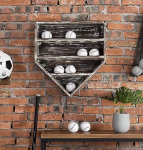Golf Ball Baseball Display Shelf Featuring a distinctive vintage gray wood finish and stylish hole plate-shaped design in Unique or Custom