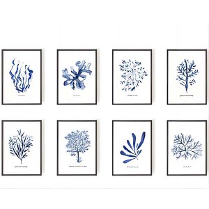 Galerij muurprintset afdrukbare kunst Marine Indigo blauwe bladeren plantenprint