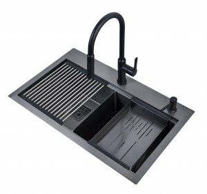 Black hand-made sink with step multifunctional double trough pvd Black wholesale