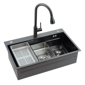 China sink Manufacturer Black 304 Stainless Steel Handmade Kitchen Workstation Sink with Waterfall Facet and Accessories