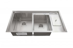 Topmount multifunctional double sink kitchen double bowl with faucet hole and steps handmade Dexing SS304 kitchen sink manufacturer
