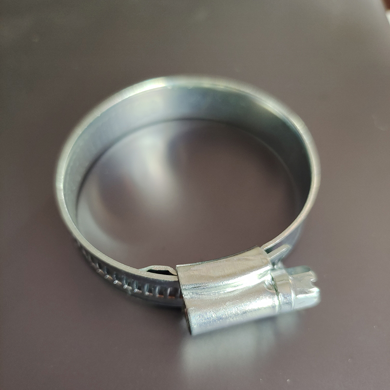 British type hose clamp with riveted housing