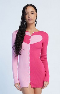 Long Sleeve Color Stitching Street Pink Ribbed Knit Sweater Dress
