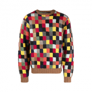 Popularny męski sweter z dzianiny w kolorową kratę i łączony okrągły dekolt