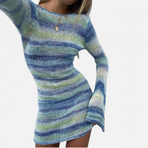 2023 Hot mohair women long sleeve round neck short knit dress