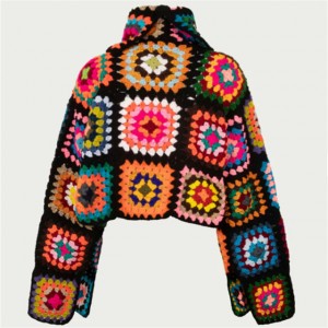 Lady Multicolor Graphic Turtleneck Floor Crochet Sweaters Women Tops