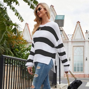 Women’s striped color-matching sweater long-sleeved stitched crew neck loose knitted pullover top