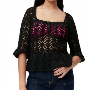 Summer Black Lotus Cuffs Crochet Top Pullover Sweater Women’s