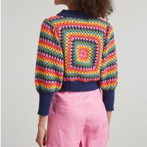 Poj niam Crew Neck Ntev Tes Tsho Sunset Stripes Crochet Sweater