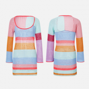 කාන්තා Crochet Knit Mini Dress Long Sleeve වර්ණවත් Mesh Cover Ups Casual Sweater Dress 2023 Summer Beach Wear
