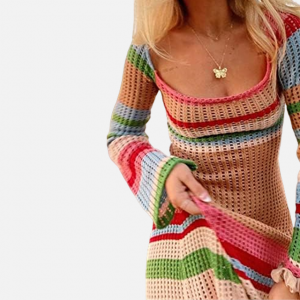 Women Ribbed Knit Maxi Dress Sleeveless Cutout Knitted Long Dress Crochet Backless Spaghetti Strap  Dresses