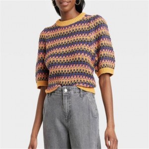 Sweater Wanita Berkerah Lengan Siku Puff Desain Pelangi