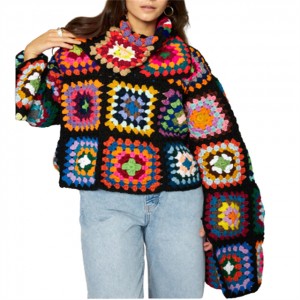 Lady Multicolor Graphic Turtleneck Floor Crochet Sweaters Women Tops