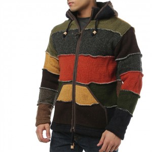 Zipper Cardigan Combines Colors Patchwork Fleece Lined Men Sweater