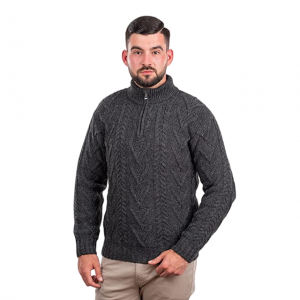 Sweater Sweater Luar Ruangan Musim Dingin Rajutan Nelayan Irlandia Kerah Ritsleting Pria Wol Merino.