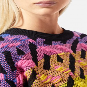 Цветен дизайнерски дамски пуловер с яка и жакард