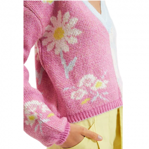 Gorąco sprzedający się damski sweterek z żakardowej tkaniny w dopasowanym kolorystyce, z dekoltem w kształcie litery V