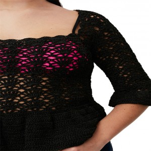Ženski ljetni crni Lotus manžetni heklani gornji pulover džemper