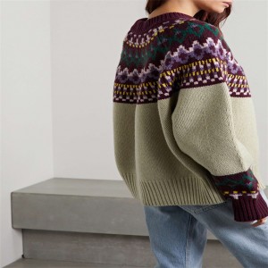 Zimski, topel ohlapen volnen pulover z dolgimi rokavi in ​​geometrijskim žakardom