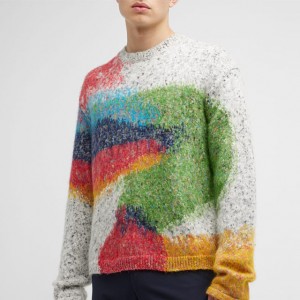Rundhalset langærmet strikket sweater med rund hals til mænd med blomstertryk