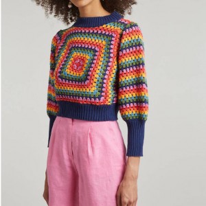 Suéter de crochet con rayas al atardecer y manga larga con cuello redondo para mujer