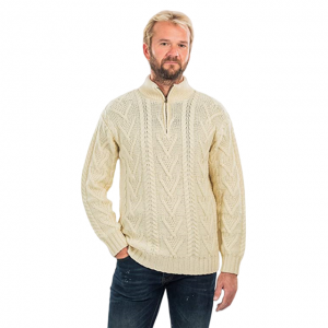 Męski sweter z zamkiem błyskawicznym z wełny merynosów, irlandzki rybak, dzianinowy zimowy sweter outdoorowy.