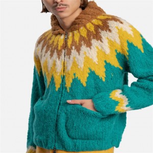 लांब बाही पॉकेट हाताने तयार केलेला नॉर्डिक तपकिरी हिरवा मुलगा कार्डिगन स्वेटर