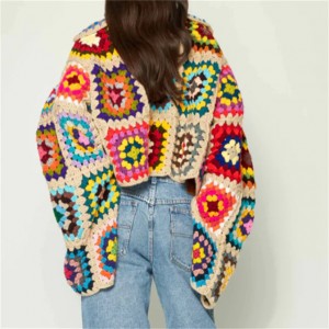 Lady Multicolor Graphic Turtleneck Floor Crochet Sweaters froulju Tops