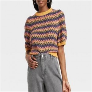 महिलाओं के लिए रेनबो डिज़ाइन पफ एल्बो स्लीव कॉलर स्वेटर