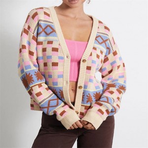 Custom High Quality Multicolor Geometric Button Knit Cardigans
