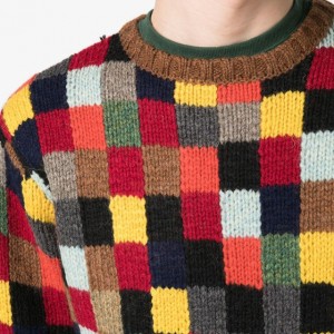 Popular men’s colored plaid spliced crewneck knitted pullover