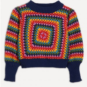 Ladies Crew Neck Long Sleeves Sunset Stripes Crochet Sweater