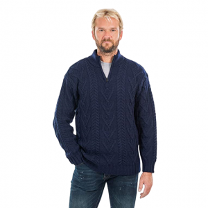 Merino wool men’s zip collar Irish fisherman knitted winter outdoor sweater pullover.