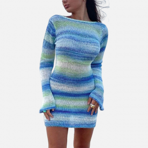2023 Hot mohair women long sleeve round neck short knit dress
