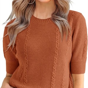 Spring women’s short-sleeved sweater top lightweight crew neck pullover shirt soft rope rib knit