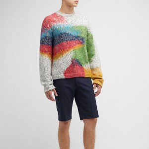 Round Neck Long Sleeve Knitted Men's Floral-Print Crewneck Sweater