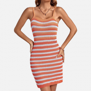 Women’s Knit Beach Cover Up Dress Square Neck Spaghetti Strap Stripe Sleeveless Cami Coverup