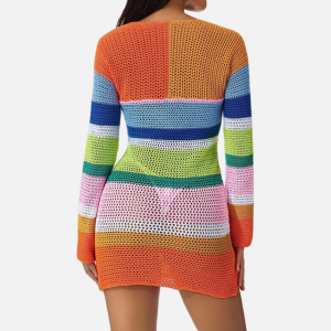 Mini vestitu in maglia à crochet per donna, manica lunga, coperta in maglia colorata, maglione casuale, vestiti da spiaggia estivi 2023