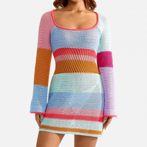 Дамска плетена мини рокля с дълъг ръкав, цветни мрежести покривала, ежедневна пуловерна рокля, лятно плажно облекло за 2023 г.