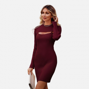 2023 Rib Knit Pullover Sweater Dress 2 Piece Cut Out Long Sleeve Slim Fit Bodycon Dresses