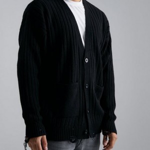 Custom Men long sleeve Cardigan distressed ribbed oversized knitted sweater