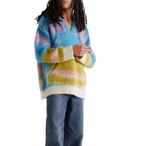 Men's Brushed Jacquard-Knit Mohair Hoodie Pullover Custom logo Knitted Sweater