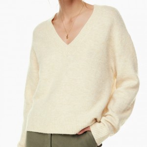 Қаз сары нәзік күзгі V-мойын бір түсті тоқылған пуловер