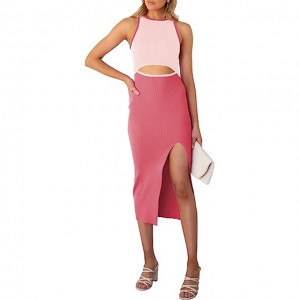 Women’s Sleeveless Cut Out Side Slit Ribbed Knit Bodycon Tank Midi Dress