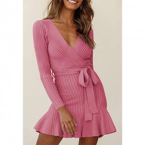 Women’s V Neck Wrap Sweater Dresses Long Sleeve Ruffle Hem Knitted Mini Sweater Dress with Belt