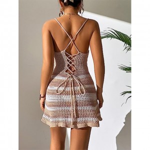 Women’s Striped Ribbed Knit Cover Up Dresses Sleeveless Lace Up Back Bodycon Mini Dress